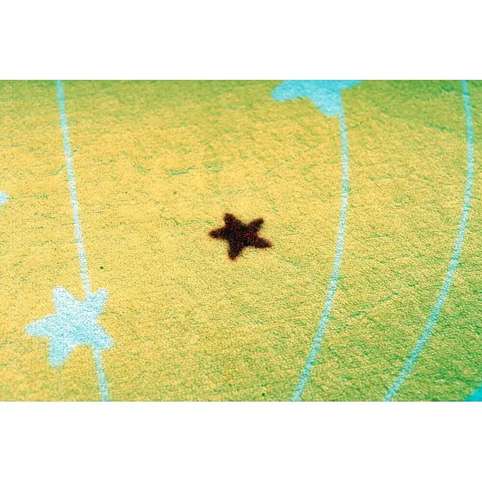 Kayoom Kinderteppich Wonder 130 - Blau, 230 x 160 cm, 100 % Polyester - Nahaufnahme einer gelb-grünen Textilmatte mit dunkelbraunem Sternmuster und hellblauen Linien.