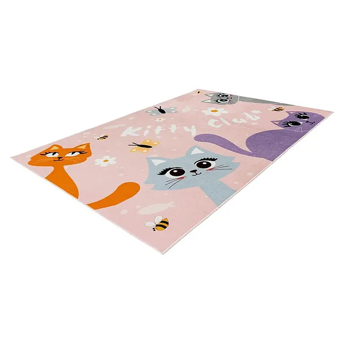 Kayoom Kinderteppich Wonder 129 - Rosa, 160 x 115 cm, 100 % Polyester - Rosafarbener Teppich mit Zeichentrickkatzen, Schmetterlingen und dem Schriftzug „Kitty Club“.