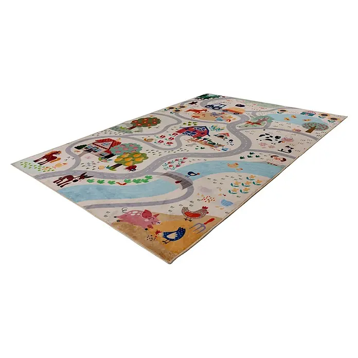 Kayoom Kinderteppich Wonder 133 - Bunt, 160 x 115 cm, 100 % Polyester - Kinder-Bauernhof-Spielmatte mit Straßen, Häusern und Tieren wie Schweinen, Kühen und Pferden.