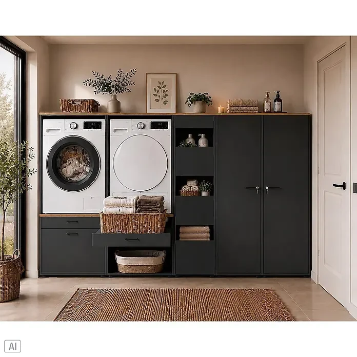 Schildmeyer Solea Hochschrank - L x B x H: 60 x 45,1 x 154,7 cm, Anthrazit/Eiche Hell - Dunkelgraues Waschküchenschranksystem mit Holzplatten, integrierter Waschmaschine und Trockner sowie offenen Regalen.