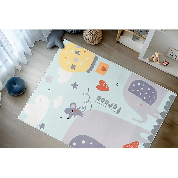 Kayoom Kinderteppich Wonder 130 - Blau, 230 x 160 cm, 100 % Polyester - Eine farbenfrohe Kinderspielmatte mit Elefanten-, Maus- und Heißluftballonmotiven, als weiche Spielunterlage auf Holzboden.