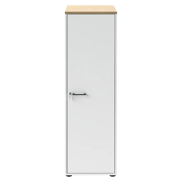 Schildmeyer Solea Hochschrank - L x B x H: 60 x 45,1 x 154,7 cm, Weiß/Eiche - Weißer Schrank mit heller Holzplatte, schwarzem Griff und Schlüssel im Schloss.