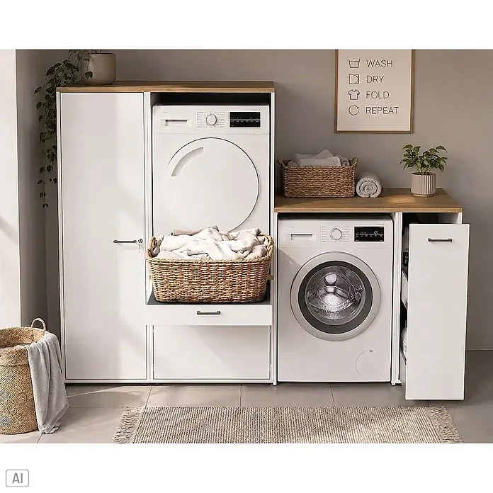 Schildmeyer Solea Unterschrank - L x B x H: 60 x 67,1 x 60 cm, Weiß/Eiche - Eine moderne weiße Waschkücheneinrichtung mit Waschmaschine, Trockner und Lagerschränken, alles mit hellen Holzdetails für einen organisierten Raum.