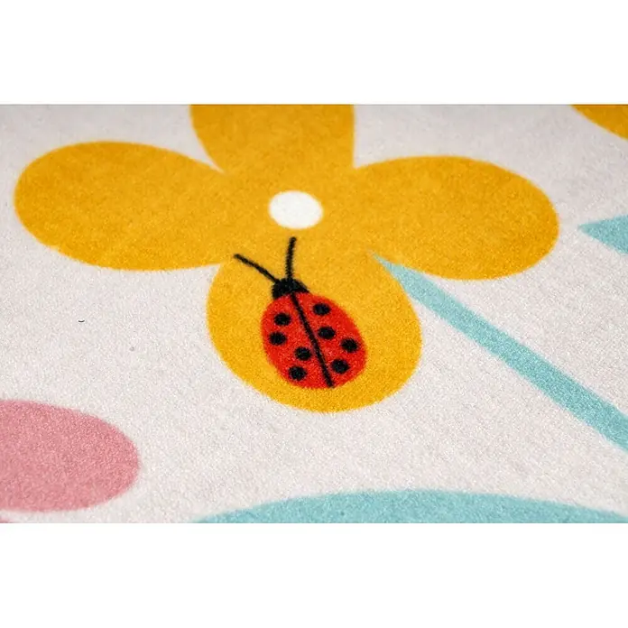 Kayoom Kinderteppich Wonder 132 - Bunt, 230 x 160 cm, 100 % Polyester - Weiche, farbenfrohe Matte mit einer gelben Blume, einem roten Marienkäfer und anderen bunten Formen.