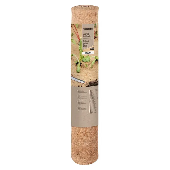 Windhager Jutevliesmatte - L x B: 4 x 0,75 m, Jutenaturfaser - Eine Rolle Jute-Vlies Mulchmatte zur Unkrautunterdrückung, gezeigt mit jungen Pflanzen im Boden.