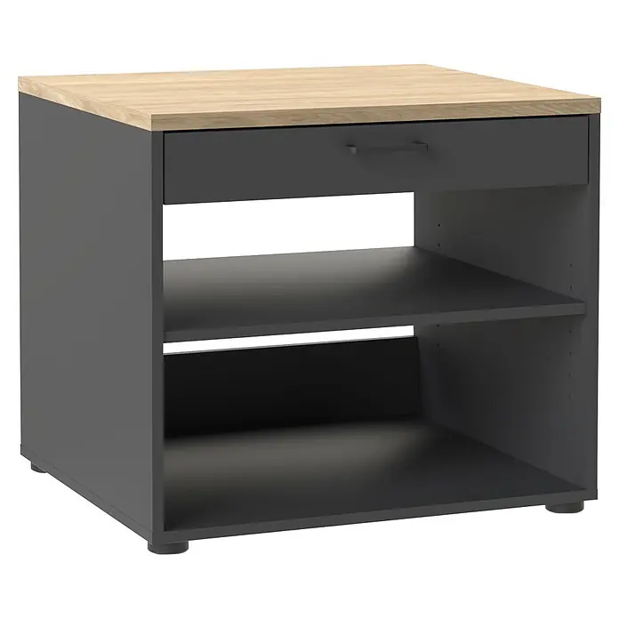 Schildmeyer Solea Unterschrank - L x B x H: 60 x 67,1 x 60 cm, Anthrazit/Eiche Hell - Dunkelgrauer Beistelltisch mit heller Holzplatte, einer Schublade und zwei offenen Fächern.