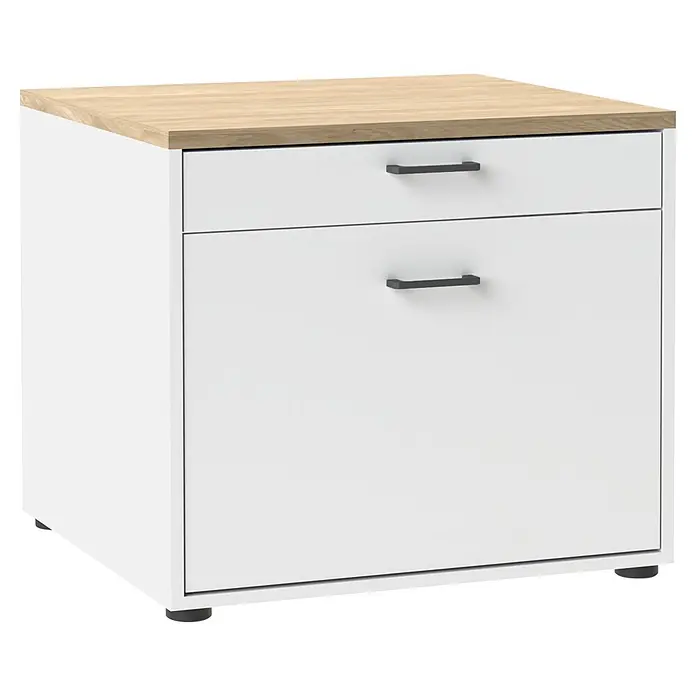 Schildmeyer Solea Unterschrank - L x B x H: 60 x 67,1 x 60 cm, Weiß/Eiche - Weiße Kommode mit zwei Schubladen, heller Holzplatte und dunkelgrauen Griffen.