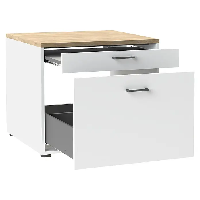 Schildmeyer Solea Unterschrank - L x B x H: 60 x 67,1 x 60 cm, Weiß/Eiche - Weißer Aktenschrank mit zwei Schubladen und heller Holzplatte. Eine Schublade ist teilweise, eine ganz geöffnet, mit grauen Innenräumen.