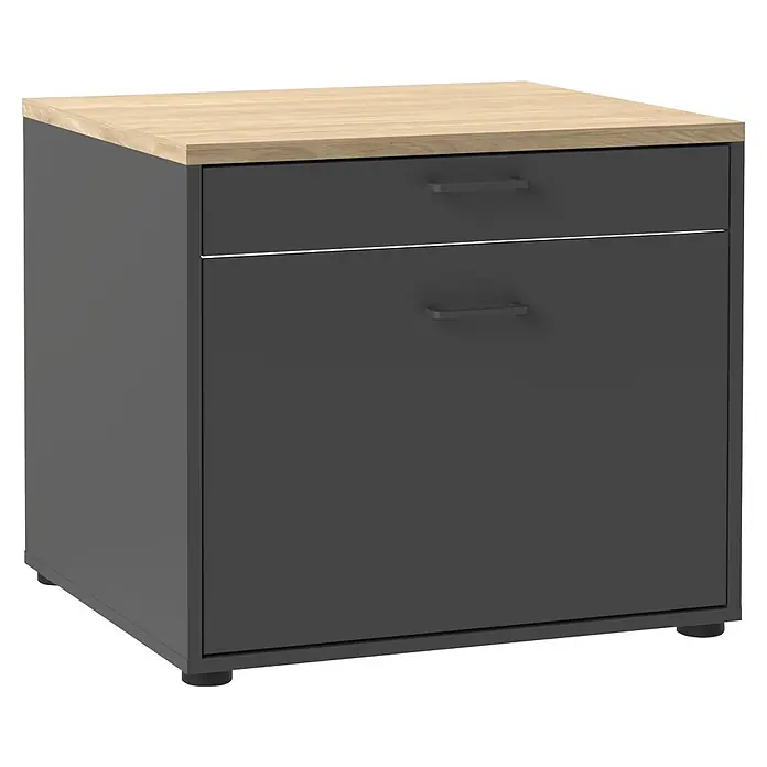 Schildmeyer Solea Unterschrank - L x B x H: 60 x 67,1 x 60 cm, Anthrazit/Eiche Hell - Dunkelgrauer Schubladenschrank mit heller Holzplatte und zwei Schubladen mit Griffen.