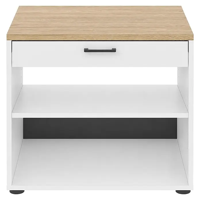 Schildmeyer Solea Unterschrank - L x B x H: 60 x 67,1 x 60 cm, Weiß/Eiche - Weißer Beistellschrank mit heller Holzplatte, einer Schublade mit schwarzem Griff und zwei offenen Fächern.