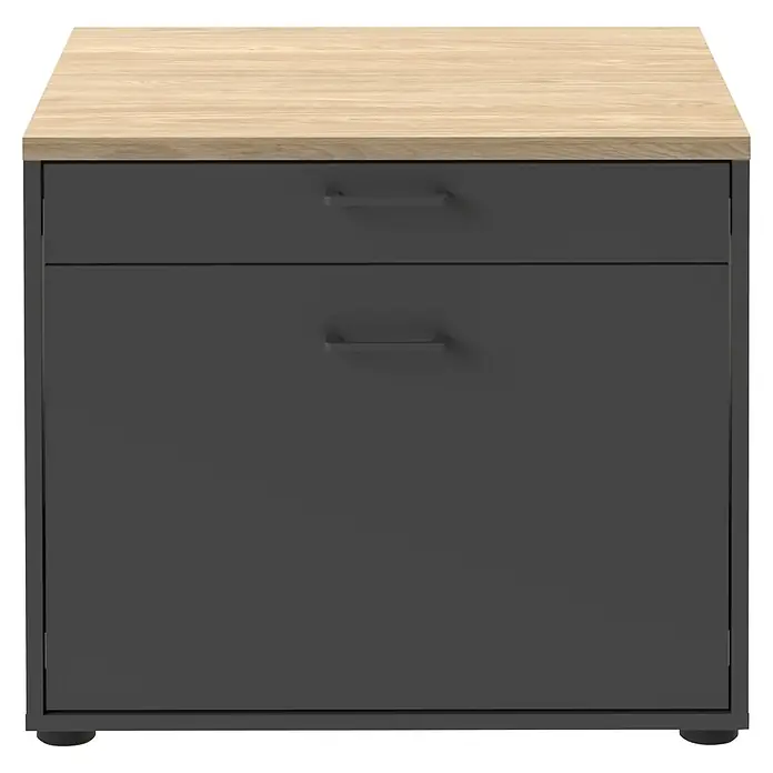 Schildmeyer Solea Unterschrank - L x B x H: 60 x 67,1 x 60 cm, Anthrazit/Eiche Hell - Modernes dunkelgraues Sideboard mit zwei Schubladen und heller Holzplatte.