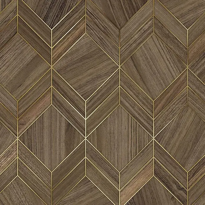 Schildmeyer Glenn Nachttisch - 32,7 x 40,2 x 49,5 cm, Holzwerkstoff, Nussbaum/ArtDeco - Geometrisches Holzparkettmuster in Brauntönen mit dünnen goldenen Akzentlinien.