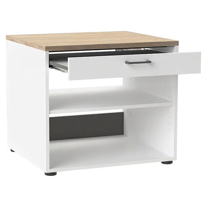 Schildmeyer Solea Unterschrank - L x B x H: 60 x 67,1 x 60 cm, Weiß/Eiche - Weißer Schrank mit heller Holzplatte, teilweise geöffneter Schublade mit grauem Griff und zwei offenen Fächern.