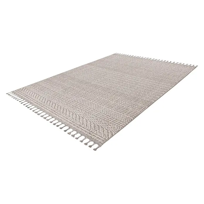 Kayoom Fransenteppich Reef 125 - Silber, 150 x 80 cm, 100 % Polypropylen - Heller beiger Teppich mit gewebten geometrischen Mustern und Quasten.