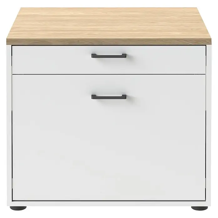 Schildmeyer Solea Unterschrank - L x B x H: 60 x 67,1 x 60 cm, Weiß/Eiche - Weißer Aufbewahrungsschrank mit heller Holzplatte und zwei dunklen Griffen, mit einer oberen Schublade und einem größeren unteren Fach.