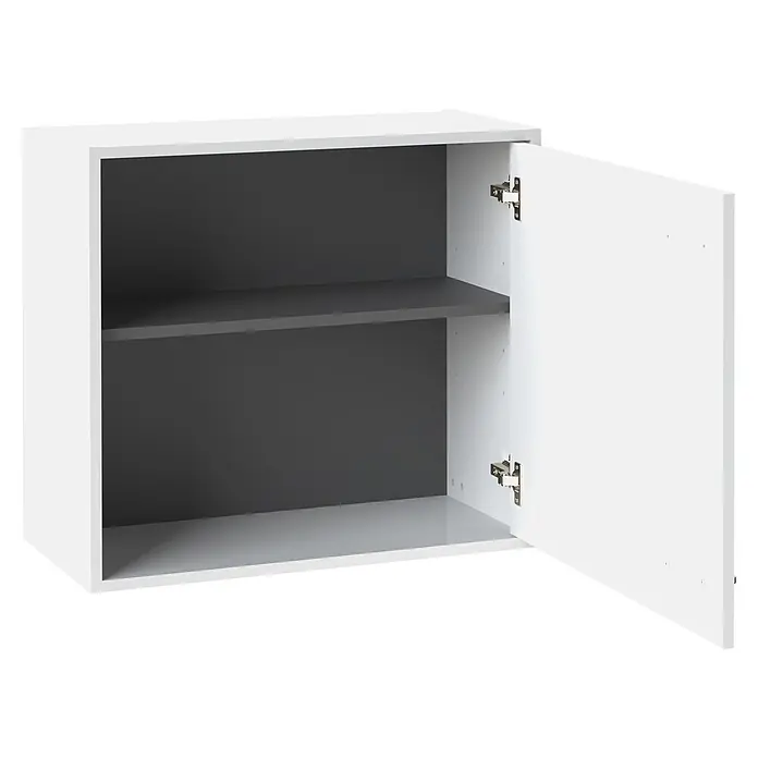 Schildmeyer Solea Hängeschrank - L x B x H: 30 x 67 x 60,9 cm, Weiß - Weißer Wandschrank mit grauem Innenraum, offene Tür zeigt zwei Einlegeböden.