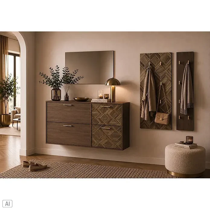 Schildmeyer Glenn Wandspiegel -  - Moderner Eingangsbereich mit schwebendem dunklen Holzschrank, Messingdetails, Spiegel und Wandgarderoben. Ein heller Stoffhocker bietet Sitzgelegenheit.