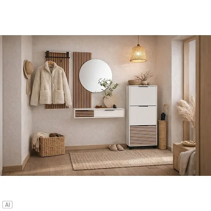 Schildmeyer Loft Schuhregal - L x B x H: 19,5 x 59,8 x 124,5 cm, Weiß - Moderner Eingangsbereich mit beigem Mantel, Holzlattenrost, rundem Spiegel, weißer Konsole und weiß-hölzernem Schuhschrank auf Webteppich.