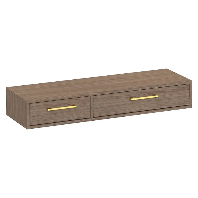 Schildmeyer Glenn Konsolentisch - L x B x H: 32 x 103,7 x 16,4 cm, Holzwerkstoff, Nussbaum - Schwebender Zweischubladenschrank in hellem Holzmaserung-Braun mit goldenen Stangengriffen.