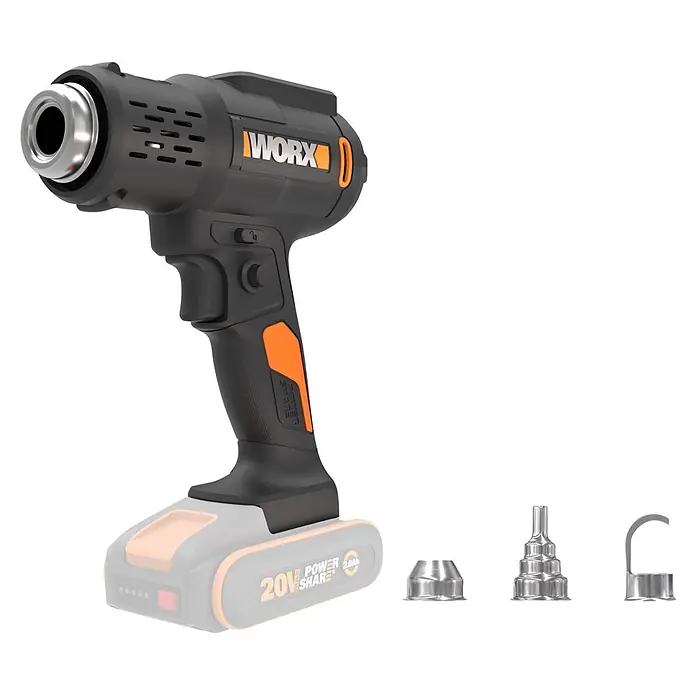 Worx PowerShare 20V Akku-Heißluftgebläse WX015.9 - 20 V, Ohne Akku, Temperaturbereich: 20 °C - 600 °C - Schwarze und orangefarbene Akku-Heißluftpistole mit grauem Akku und drei silberfarbenen Metalldüsen für verschiedene Heizanwendungen.