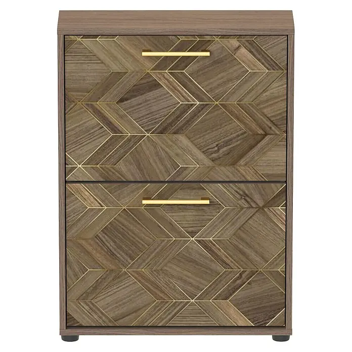Schildmeyer Glenn Schuhregal - L x B x H: 19,5 x 59,8 x 832 cm, Nussbaum/ArtDeco, Anzahl Fächer: 2 Stk. - Zwei-Schubladen-Holzkommode mit geometrischem Holzmaserungsmuster und goldenen Griffen.