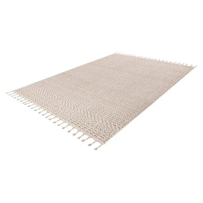 Kayoom Fransenteppich Reef 125 - Beige, 170 x 120 cm, 100 % Polypropylen - Heller beiger Teppich mit geometrischem Muster und Fransen.