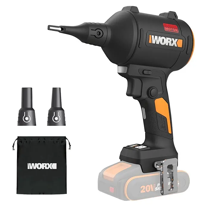 Worx PowerShare 20V Akku-Blaspistole WX099.9 - 20 V, Ohne Akku, Luftmenge: 1,1 m³/min - Schwarz-orangener WORX Akku-Luftpumpe mit 20V Akku, zwei Düsen und schwarzem Zugbeutel.