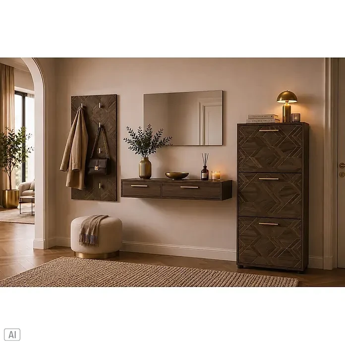 Schildmeyer Glenn Wandspiegel -  - Modernes Flurset: Dunkler Holzschuhschrank, Wandpaneel mit Haken, schwebende Konsole mit Golddetails und ein beiger Hocker.