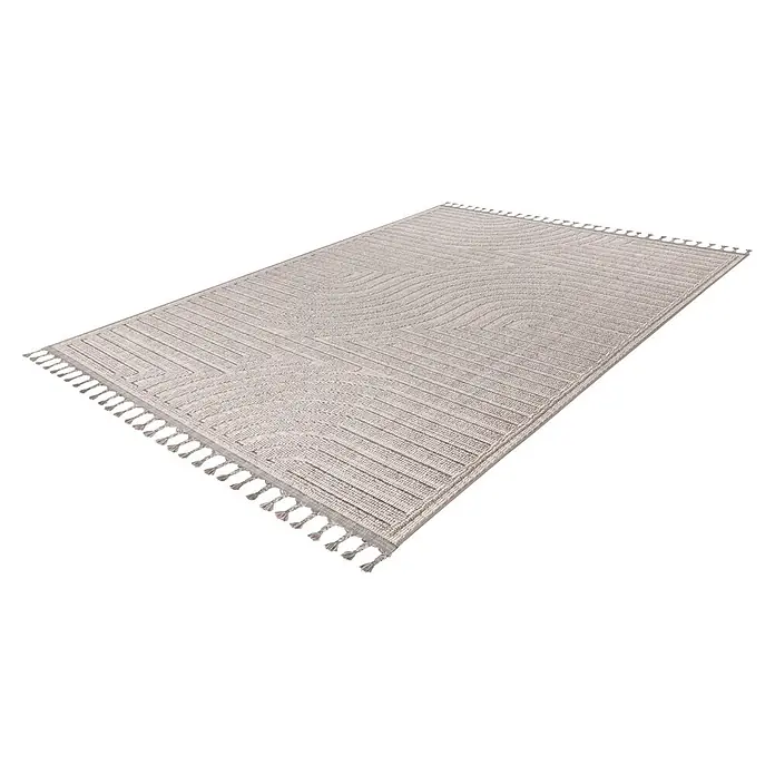 Kayoom Fransenteppich Reef 225 - Silber, 150 x 80 cm, 100 % Polypropylen - Hellbeiger gewebter Teppich mit geometrischen Mustern und Quasten.
