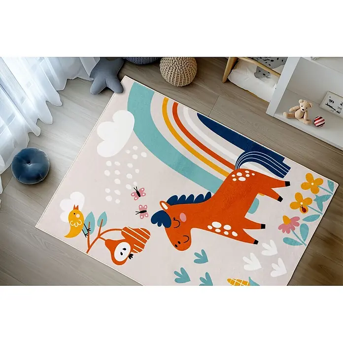 Kayoom Kinderteppich Wonder 132 - Bunt, 230 x 160 cm, 100 % Polyester - Bunter Kinderteppich mit Cartoon-Pferd und Regenbogen in einer spielerischen Raumumgebung.