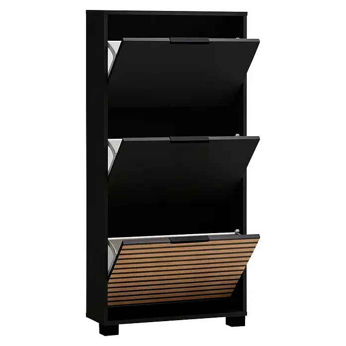 Schildmeyer Hank Schuhschrank - L x B x H: 19,5 x 59,8 x 124,5 cm, Schwarz - Schwarzer Schuhschrank mit drei Kippfächern, das untere Fach mit einer Tür aus Naturholzlatten.