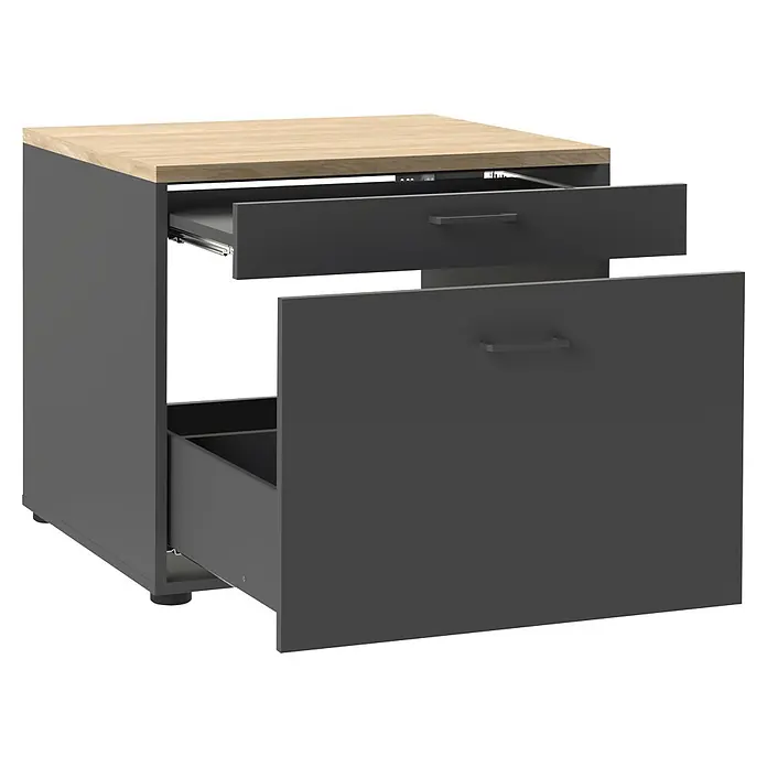 Schildmeyer Solea Unterschrank - L x B x H: 60 x 67,1 x 60 cm, Anthrazit/Eiche Hell - Dunkelgrauer Schrank mit heller Holzplatte und zwei geöffneten Schubladen.