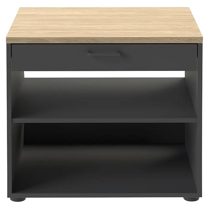 Schildmeyer Solea Unterschrank - L x B x H: 60 x 67,1 x 60 cm, Anthrazit/Eiche Hell - Dunkelgrauer Nachttisch mit heller Holzplatte, einer Schublade und zwei offenen Fächern.