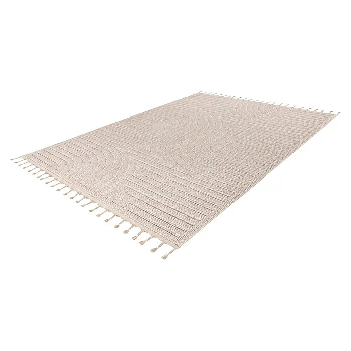 Kayoom Fransenteppich Reef 225 - Beige, 150 x 80 cm, 100 % Polypropylen - Rechteckiger beiger Teppich mit dezentem geometrischem Muster und dekorativen Quasten an den kurzen Kanten.