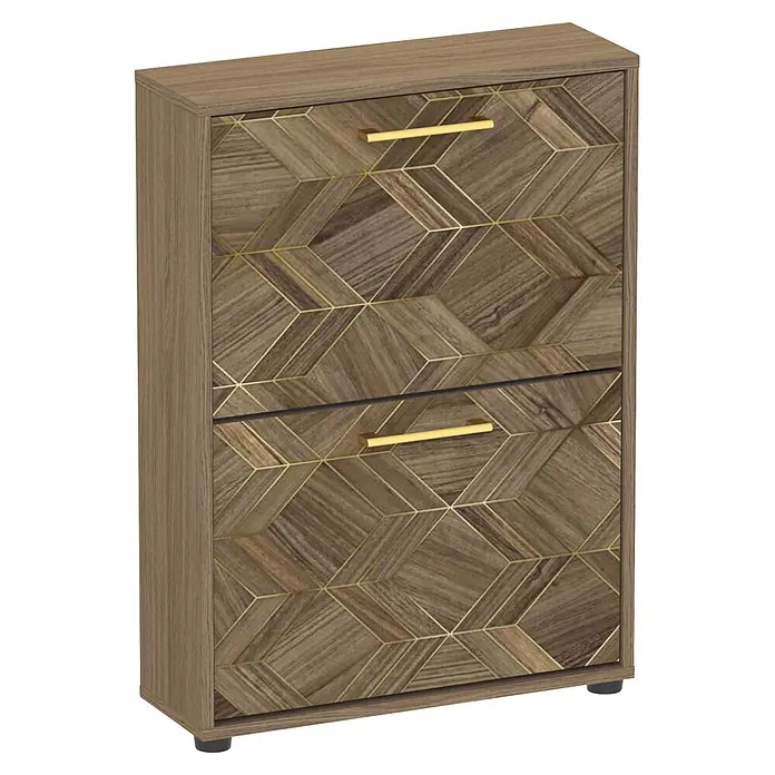 Schildmeyer Glenn Schuhregal - L x B x H: 19,5 x 59,8 x 832 cm, Nussbaum/ArtDeco, Anzahl Fächer: 2 Stk. - Schuhschrank aus Holz mit zwei Schubladen, geometrischem Muster mit Goldakzenten und goldenen Griffen.