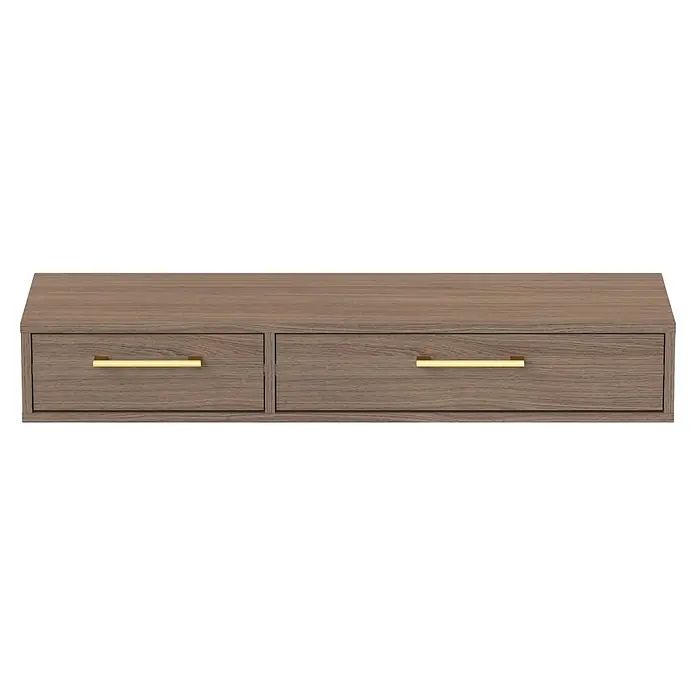 Schildmeyer Glenn Konsolentisch - L x B x H: 32 x 103,7 x 16,4 cm, Holzwerkstoff, Nussbaum - Hölzerne Aufbewahrungsbank mit zwei Schubladen und goldenen Griffen.