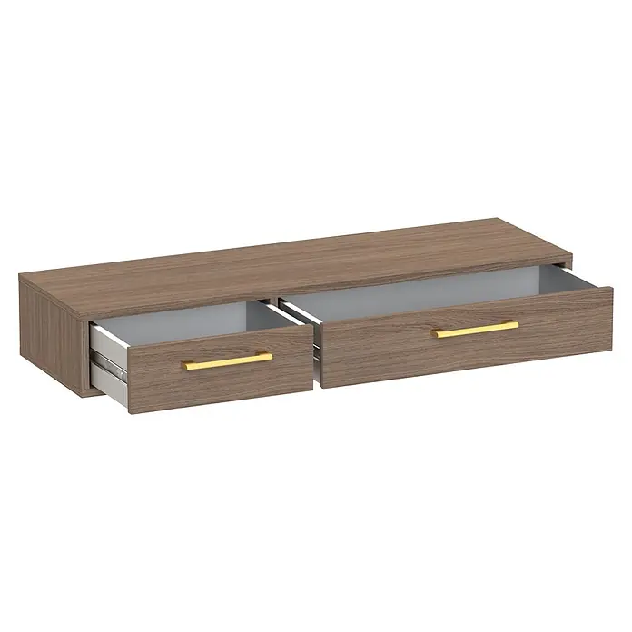 Schildmeyer Glenn Konsolentisch - L x B x H: 32 x 103,7 x 16,4 cm, Holzwerkstoff, Nussbaum - Wandregal aus hellem Holzdekor mit zwei teils geöffneten Schubladen, weißen Innenräumen und goldenen Griffen.
