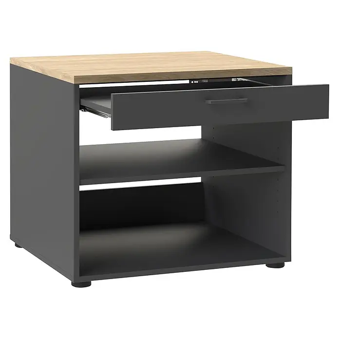 Schildmeyer Solea Unterschrank - L x B x H: 60 x 67,1 x 60 cm, Anthrazit/Eiche Hell - Dunkelgrauer Schrank mit heller Holzplatte, einer offenen Schublade und zwei offenen Regalböden.