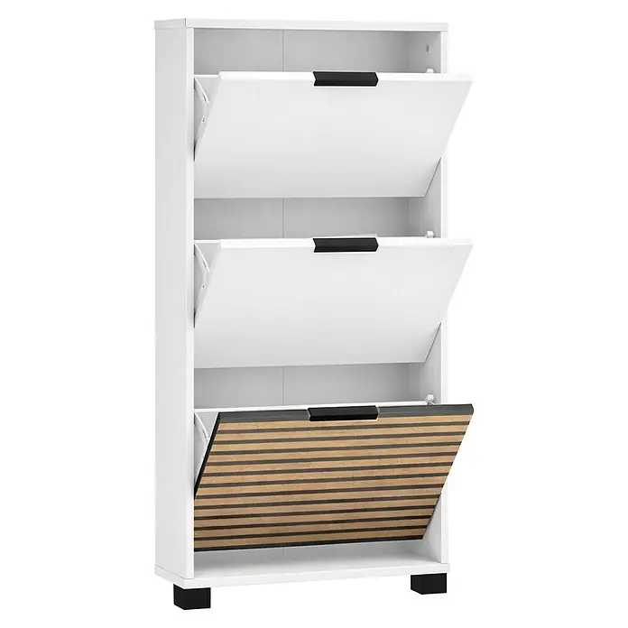 Schildmeyer Loft Schuhregal - L x B x H: 19,5 x 59,8 x 124,5 cm, Weiß - Weißer Schuhschrank mit drei kippbaren Fächern, zwei weiß, eines mit Holzlamellenfront, alle teilweise geöffnet. Schwarze Griffe und Füße.