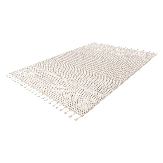 Kayoom Fransenteppich Reef 125 - Elfenbein, 150 x 80 cm, 100 % Polypropylen - Helles beiges Teppich mit Streifen- und geometrischen Mustern und Quasten.