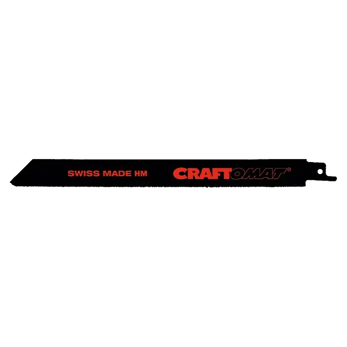 Craftomat Hoja de sierra de sable S 1130 RIFF - Acero fundido / ladrillo - En la imagen se muestra una hoja de sierra negra Craftomat con letras rojas "Swiss Made HM".