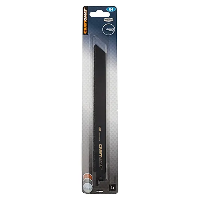 Craftomat Hoja de sierra de sable S 1130 RIFF - Acero fundido / ladrillo - En la imagen se ve una hoja de sierra CRAFTOMAT, envasada en un paquete delgado y gris con información del producto.