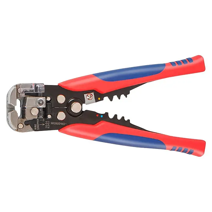 Pelacable - Largo: 200 mm, Acero, Rojo/Azul - Pelacables automático rojo y azul con cuerpo metálico negro y plateado.