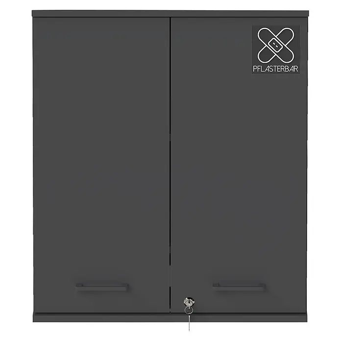 Schildmeyer Galeno Medizinschrank - B x H: 59,8 x 70,8 cm, Anthrazit - Dunkelgrauer zweitüriger Schrank mit Griffen, einem Schlüsselschloss und einem Pflaster-Logo.