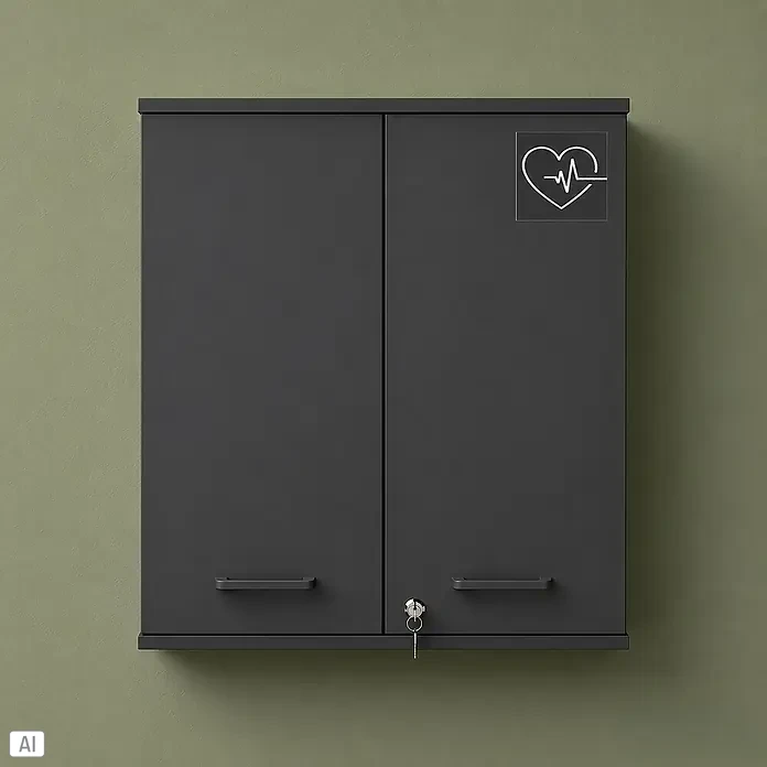 Schildmeyer Galeno Medizinschrank - B x H: 59,8 x 70,8 cm, Anthrazit - Dunkelgrauer wandmontierter Medizinschrank mit zwei Türen, Griffen, einem Schlüssel und Herz-EKG-Symbolaufkleber.