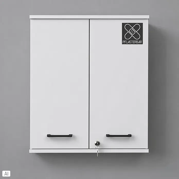 Schildmeyer Galeno Medizinschrank - B x H: 59,8 x 70,8 cm, Weiß - Weißer zweitüriger Medikamentenschrank mit schwarzen Griffen, Schlüssel im Schloss und 'PFLASTERBAR' Logo-Aufkleber.