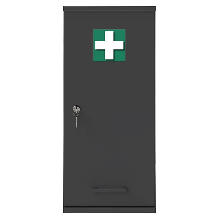 Schildmeyer Galeno Medizinschrank - B x H: 30,3 x 70,8 cm, Anthrazit - Dunkelgrauer Erste-Hilfe-Schrank mit weißem Kreuz auf Grün, einem Schlüssel im Schloss und einem Griff.