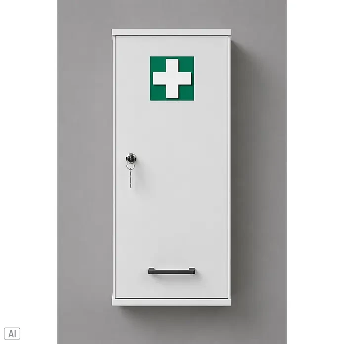 Schildmeyer Galeno Medizinschrank - B x H: 30,3 x 70,8 cm, Weiß - Weißer Wand-Erste-Hilfe-Schrank mit grünem Kreuz, Schlüssel im Schloss und dunklem Griff.