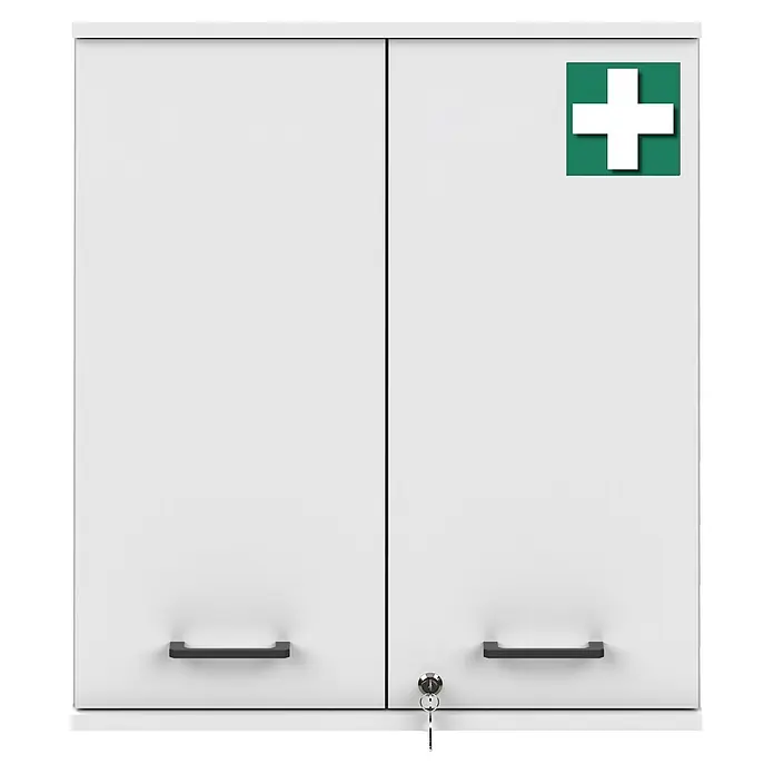 Schildmeyer Galeno Medizinschrank - B x H: 59,8 x 70,8 cm, Weiß - Weißer zweitüriger Erste-Hilfe-Schrank mit schwarzen Griffen, Schlüssel im Schloss und grünem Erste-Hilfe-Kreuz.