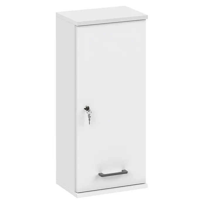 Schildmeyer Galeno Medizinschrank - B x H: 30,3 x 70,8 cm, Weiß - Hoher weißer Schrank mit abschließbarer Tür, eingesteckten Schlüsseln und grauem Griff unten.